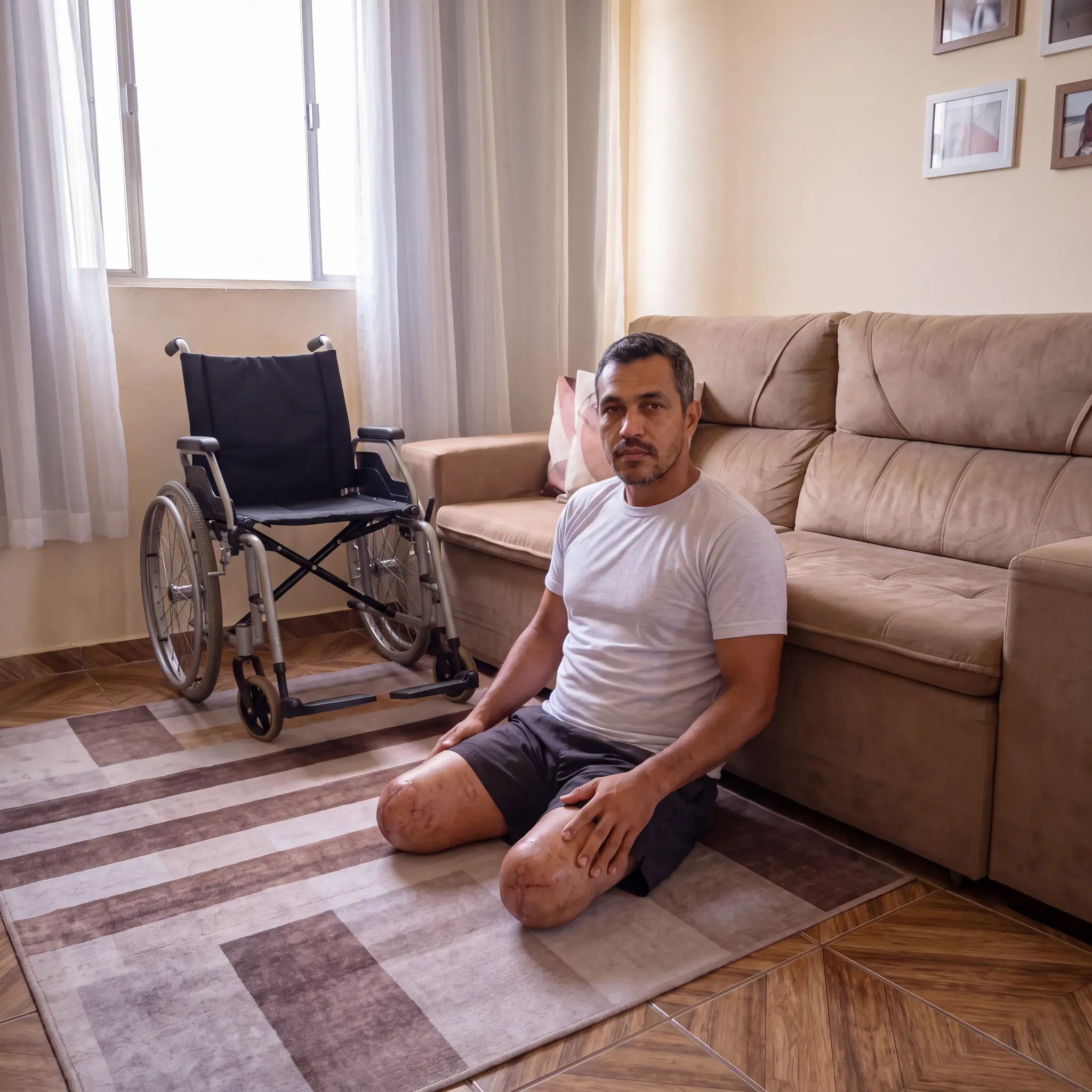 Adriano sentado no chão da sala, ao lado de sua cadeira de rodas