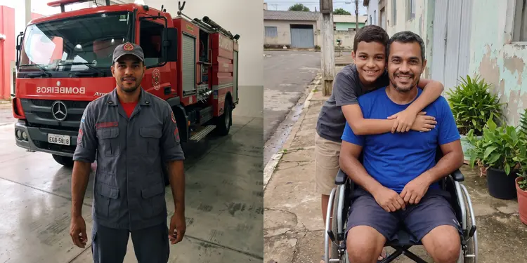 Adriano em dois momentos: quando atuava como bombeiro e atualmente em uma cadeira de rodas